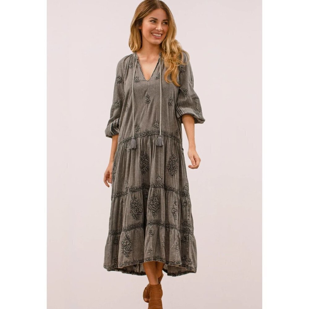 NWT Kyla Seo Hanna Tiered Embroidered Dress KYRE210 Dark Gray Size S